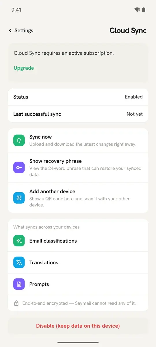 Cloud Sync on Android: what syncs, and the line that says we cannot read it.