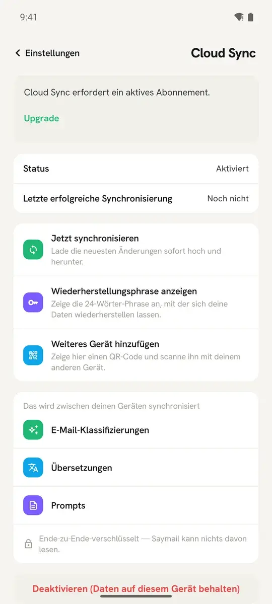 Cloud Sync unter Android: was synchronisiert wird — und die Zeile, die sagt, dass wir es nicht lesen können.